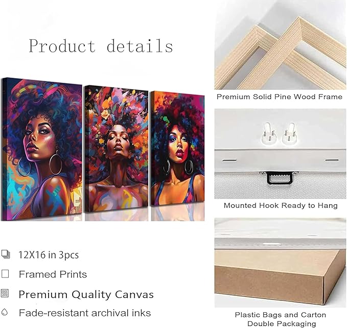 3Pcs African American Women Canvas Wall Art Colorful Graffiti Afro Girl Painting Modern Abstract Aesthetic Pictures Wall Decor Posters Print Artwork for Living Room Bedroom Home Decoration