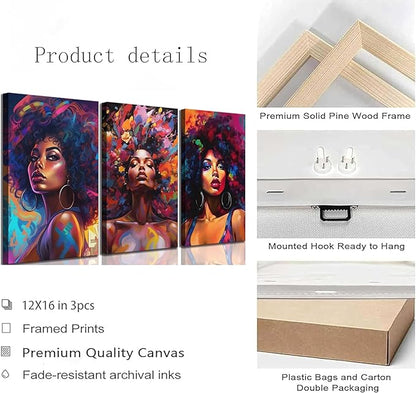 3Pcs African American Women Canvas Wall Art Colorful Graffiti Afro Girl Painting Modern Abstract Aesthetic Pictures Wall Decor Posters Print Artwork for Living Room Bedroom Home Decoration