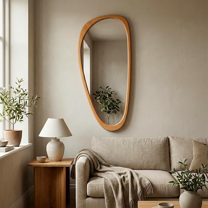Solid Wood 48"x24" Large Aesthetic Wabi-Sabi Statement Mirror, Warm Walnut Full Length Irregular Mirror, Modern Organic Asymmetrical Wooden Wall-Mounted Mirror, Honey Walnut