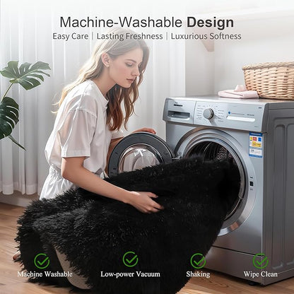 KICHOWUA Thick Area Rug Black Fluffy Shag 3x5 for Bedroom, Ultra Soft Thickened Plush Washable Carpet, Non-Slip Cozy Shaggy Fuzzy Rug for Living Room Nursery Dorm Playroom Kids Baby Room
