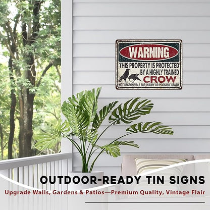 Crow Vintage Tin Sign Protected By Crow Metal Sign for Living Room Bedroom 12x16inch