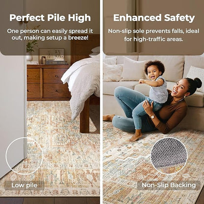 Kokia Washable Area Rugs 9x12 Living Room Boho Non Slip Thin Carpet Stain Resistant Vintage Orange Printed Oriental Distressed Rug for Bedroom Low Pile