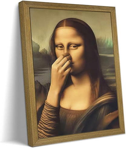 XYHYRA Vintage Mona Lisa Bathroom Wall Art, Funny Mona Lisa Pinching Nose Wall Decor, Humor Amusing restroom Canvas Print Painting for Toilet Bathroom Home Decor 8x10 Inch Framed