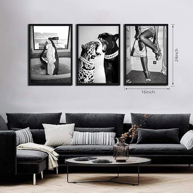 Framed Trendy Black and White Wall Art Set of 3, Fashionable Cheetah Wall Decor, Posters for Room Aesthetic, Modern Vintage Photography Model Canvas Prints for Living Room Bedroom – 16x24in