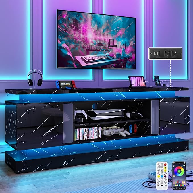 chartustriable 71IN LED TV Stands w/Power Outlet for 85/80/75 Inch TVs,High Gloss Modern Tall Entertainment Center TV Media Console Gaming w/2 Storage Cabinets,Dual LED Lights,Black Marble