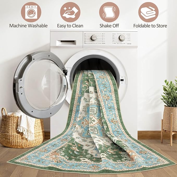 7x9 Area Rug Living Room: Washable Boho Large Neutral Vintage Soft Rug Stain Resistant Farmhouse Non-Slip Indoor Floor Retro Carpet for Bedroom Nursery Kids Office Dining Room- Green Multi