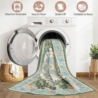 7x9 Area Rug Living Room: Washable Boho Large Neutral Vintage Soft Rug Stain Resistant Farmhouse Non-Slip Indoor Floor Retro Carpet for Bedroom Nursery Kids Office Dining Room- Green Multi