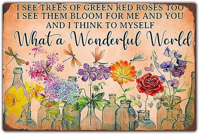 Fmcmly Vintage Tin Signs Dragonfly What A Wonderful World I See Trees of Green Red Rose Too Flowers Poster House Garden Entryway Kitchen Office Living room Cafes Wall Decor 8x12 Inch
