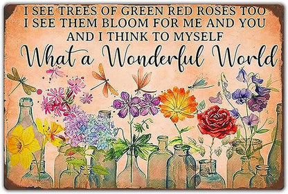 Fmcmly Vintage Tin Signs Dragonfly What A Wonderful World I See Trees of Green Red Rose Too Flowers Poster House Garden Entryway Kitchen Office Living room Cafes Wall Decor 8x12 Inch