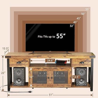 TV Stand for TV up to 55 Inches,Farmhouse Entertainment Center with 2 Drawers & Storage Cabinets, Industrial Media Console Table with Small Speaker Stand for Living Room, Bedroom, Rustic Brown