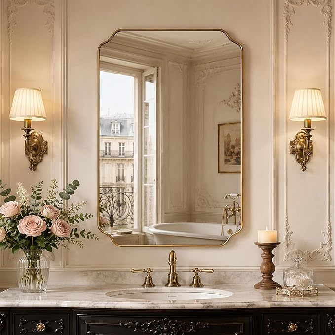 Gold Wall Mirror 36"x24", Scalloped Edge Vanity Mirror - Hangs Vertically/Horizontally Decorative Bathroom Mirror for Vanity, Bedroom & Entryway, Aesthetic Bathroom Decor