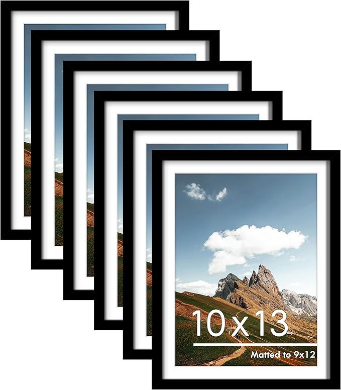 PEALSN 10x13 Picture Frames Set of 6, Display Pictures 9x12 with Mat or 10x13 without Mat for Wall Mounting or Table Top, Photo Frames Collage for Wall Decor, Black.