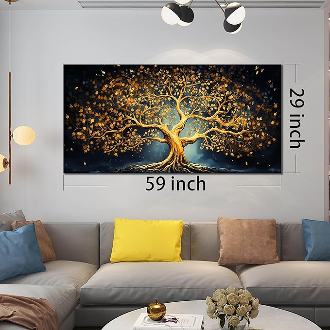 Ouzzlie Black Art for Office Decor Tree Wall Decor Living Room Modern Large Gold Canvas Wall Art for Bedroom 29" x 59"
