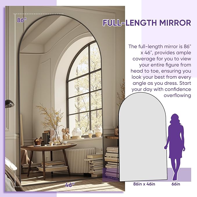 Full Length Mirror, 86"x46" Oversized Floor Mirror Freestanding, Full Body Floor Standing Mirrors with Stand, Hanging Mounted for Bedroom Living Room, Black, Arched Style