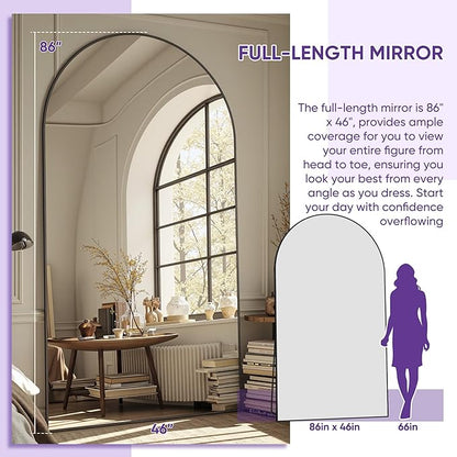 Full Length Mirror, 86"x46" Oversized Floor Mirror Freestanding, Full Body Floor Standing Mirrors with Stand, Hanging Mounted for Bedroom Living Room, Black, Arched Style