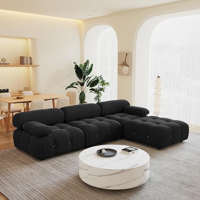 104'' Modular Sectional Couch, L-Shaped Velvet Bubble Couch with Reversible Chaise Ottoman, Modern Black Sectional Couches for Living Room, Apartment (3 Seats, 1 Ottoman, Black)