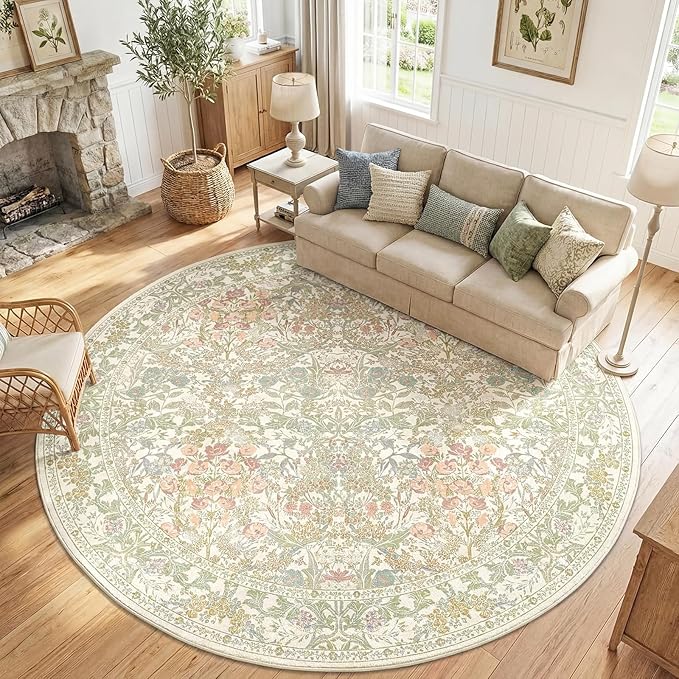 Lunasun Sage Green Large Round Rug for Living Room - 8ft Circle Area Rug for Bedroom, Kids Room, Home Office, Foyer, Non Slip Washable Botanical Floral 8 x 8 Décor