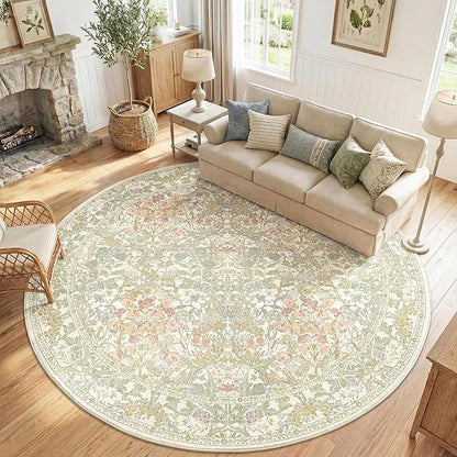 Lunasun Sage Green Large Round Rug for Living Room - 8ft Circle Area Rug for Bedroom, Kids Room, Home Office, Foyer, Non Slip Washable Botanical Floral 8 x 8 Décor