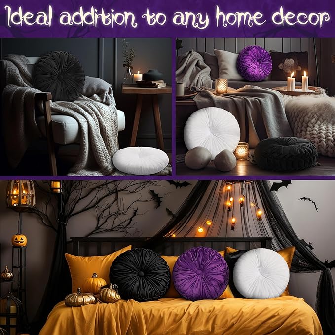 Beeveer 3 Pcs Round Throw Velvet Pillows Classy Accent Pumpkin Throw Pillows 15 Inch Decorative Cushion for Couch Chair Bed Car, 2 Styles(Black, Purple, White)