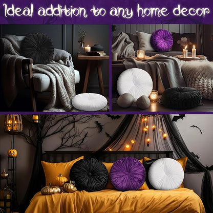 Beeveer 3 Pcs Round Throw Velvet Pillows Classy Accent Pumpkin Throw Pillows 15 Inch Decorative Cushion for Couch Chair Bed Car, 2 Styles(Black, Purple, White)