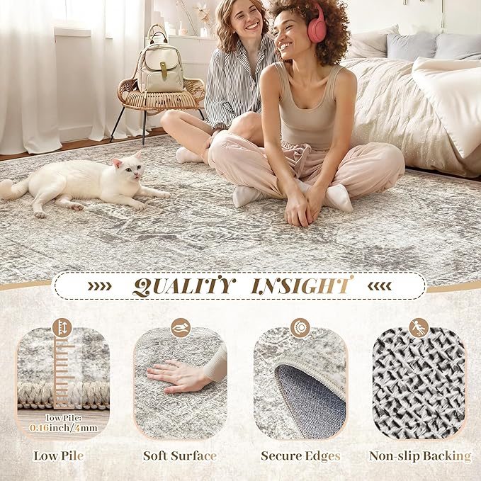 5x7 Area Rugs for Living Room, Washable Vintage Boho Medallion Rug Non Slip Low Pile Floor Carpet for Bedroom Nursery Dining Room (Taupe, 5'x7')