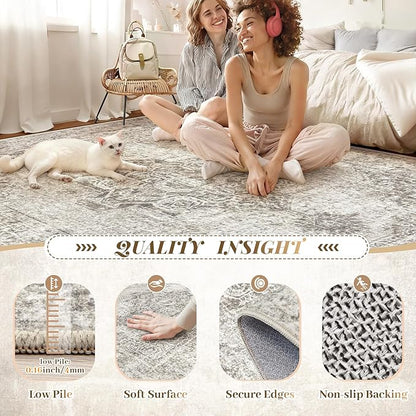 6x9 Area Rugs for Living Room, Washable Vintage Boho Medallion Rug Non Slip Low Pile Floor Carpet for Bedroom Nursery Dining Room (Taupe, 6'x9')