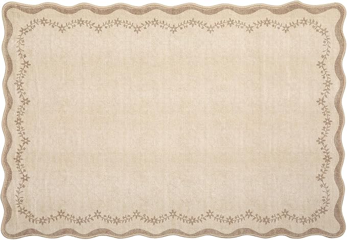 GarveeHome Scalloped Entryway Rug, 2x3 Solid Jute Washable Front Door Rug Indoor Entrance Floral Carpet Non-Slip Low Pile Throw Rugs for Kitchen Floor, Powder Room, Entry, Bathroom, Kids Room