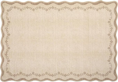 GarveeHome Scalloped Entryway Rug, 2x3 Solid Jute Washable Front Door Rug Indoor Entrance Floral Carpet Non-Slip Low Pile Throw Rugs for Kitchen Floor, Powder Room, Entry, Bathroom, Kids Room