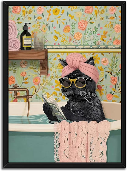 Floating Framed Bathroom Cat Canvas Wall Art, Funny Black Cat Reading Wall Decor, Cute Animal Prints Pictures Posters for Living Room Bedroom Toilet Kids Room Paintings 12x16 inch