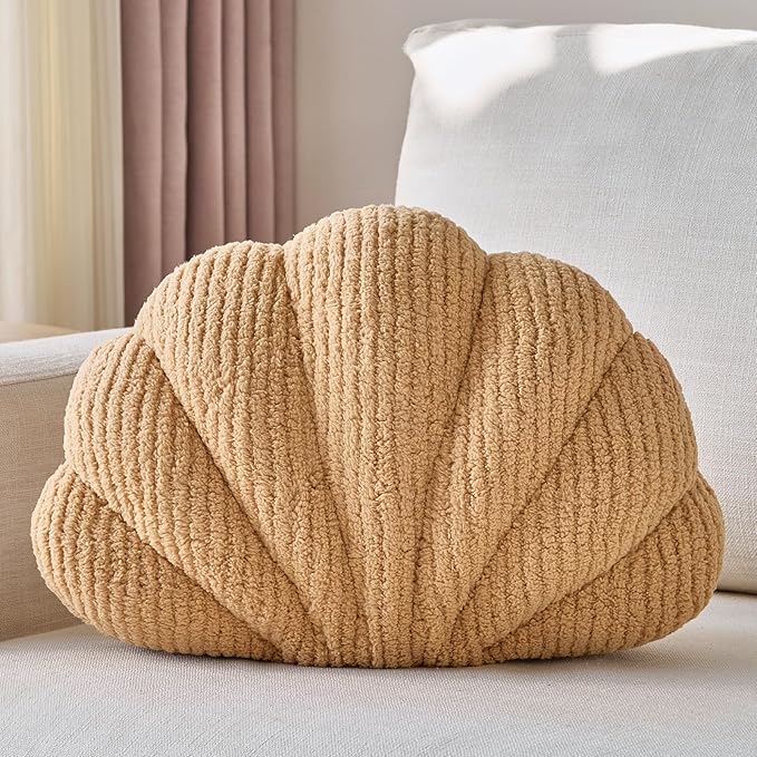 Shell Pillow, Soft Decorative Pillows for Bed Couch, Seashell Plush Throw Pillow Aesthetic Home Decor Cushion for Bedroom Living Room (Brown, 18 X 13 Inches)