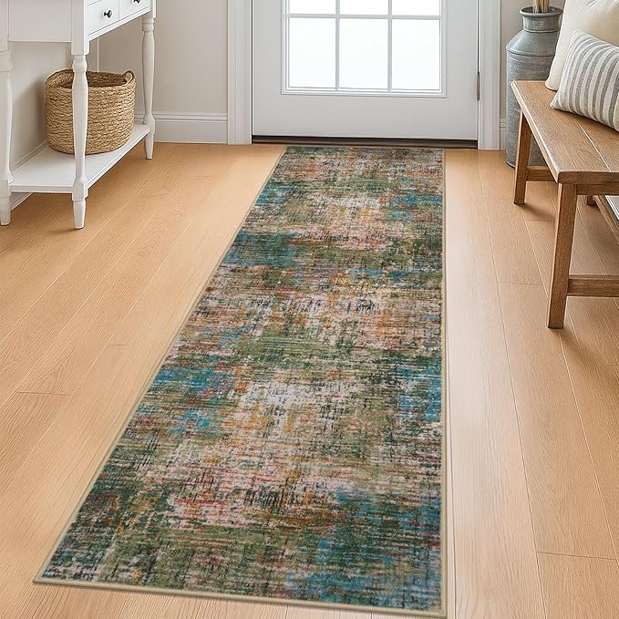 KILOCOCO Modern Abstract Runner Rug 2x6 ft Washable Hallway Runner Rug Non Slip Soft Pinted Kitchen Runners for Hallways Entryway Bedside Laundry Room Floor Runners, Green/Orange/Blue
