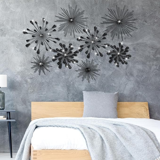 Blulu 8 Pcs Black Metal Wall Art Cast Iron Starburst Wall Decor Bling Crystal Sculptures Living Room 3D Teardrop Radial Rhinestone Hanging Diamond Accents for Home Office Bedroom Entryway