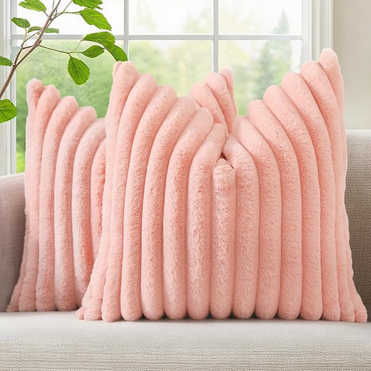 decorUhome Summer Cozy Faux Fur Throw Pillow Covers 24x24 Set of 2 Decorative Plush Striped Modern Farmhouse Boho Couch Euro Sham Pillow Cases with Velvet Back for Sofa Bed Living Room, Blush Pink