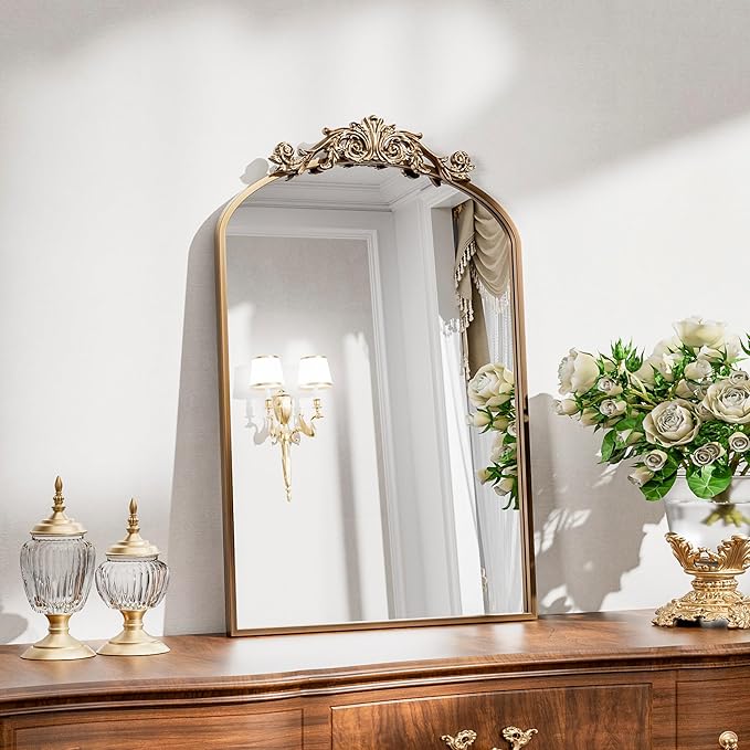 Dewfig Antique Arched Wall Mirror, 22"x30" Vintage Bronze Bathroom Mirror - Baroque Metal Frame Brass Mirror for Living Room, Bathroom, Fireplace, Entryway, Bronze