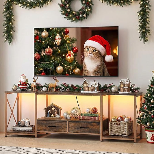 LED TV Stand with 2 Fabric Drawer - 63" Industrial TV Console Table with Open Storage Shelves for Living Room,Bedroom, Entertainment Center TV Stands for 65-75" TV - Rustic Brown Steel Frame