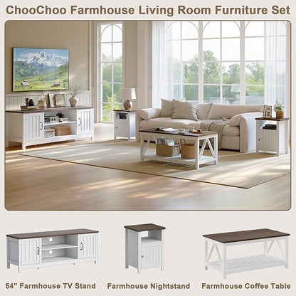 ChooChoo 54" Farmhouse TV Stand for TVs up to 65 inches, Entertainment Center with Storage Cabinets, Open Shelves and Fluted Door, TV Console Table for Living Room, Bedroom, White