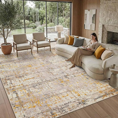 Rugxara Area Rugs 8x10,Large Soft Rugs for Living Room, Washable, Modern Neutral Abstract Rugs for Bedroom Dining Room, Non-Slip Foldable Thin Indoor Carpet Stain Resistant(Beige Gold)