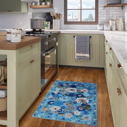 Floral Washable Rug for Entryway, 2x3 Kitchen Mat Ultra-Thin Soft, Non-Slip Indoor Door Carpet Stain Resistant Boho Small Low-Pile Throw for Bathroom Bedroom (Blue Garden, 2 x 3)