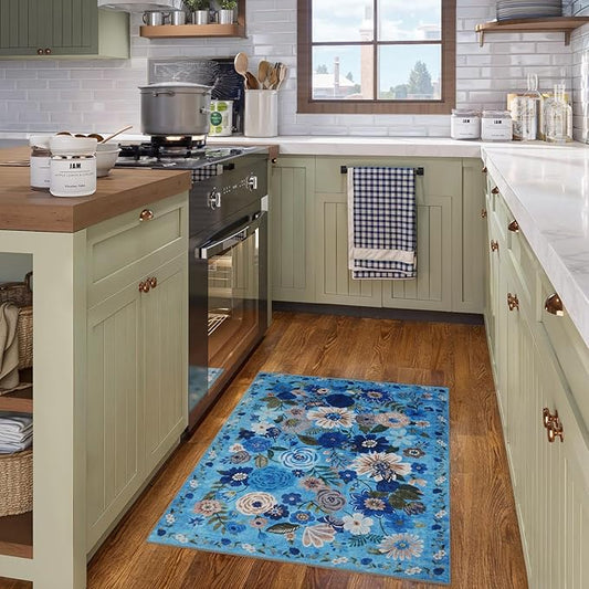 Floral Washable Rug for Entryway, 2x3 Kitchen Mat Ultra-Thin Soft, Non-Slip Indoor Door Carpet Stain Resistant Boho Small Low-Pile Throw for Bathroom Bedroom (Blue Garden, 2 x 3)