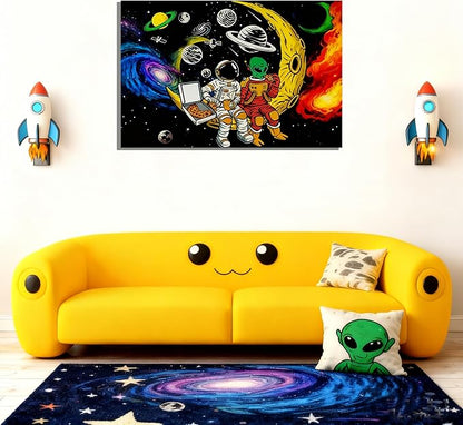 16x24 Space Astronaut Alien Pizza Party Canvas Wall Art Black Cosmic Prints Moon Planet Poster Home Framed Decor Kids Bedroom Fantasy Painting Teen Boy Room Funny Gift Picture Child Study Room Photo