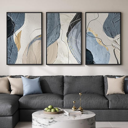 Large Framed Abstract Wall Art for Living Room, Set of 3 Modern Canvas Artwork for Wall, Blue Gray Minimalist Prints Paintings for Bedroom Hallway Office Wall Decor, 24x36 Inch