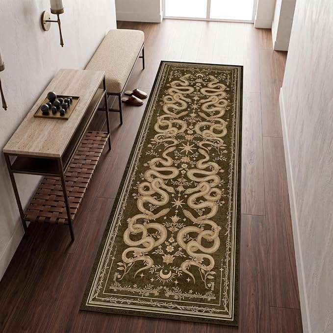 Garvee Snake Gothic Washable Kitchen Runner Rug 2x6 Dark Whimsical Unique Soft Thin Indoor Floor Mat for Bathroom Hallway Entryway Bedroom Indoor Decor Low Pile Non-Slip TPE Backing Brown