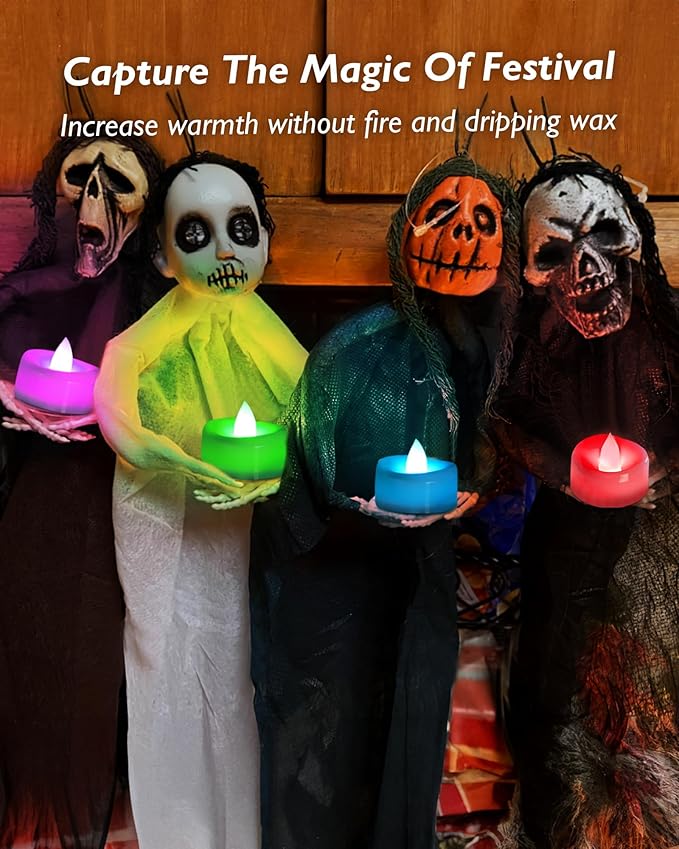 merrynights LED Candles, 24-Pack Color Changing Tea Lights Candles Battery Operated Bulk, Long-Lasting 200+ Hours Flameless Tealight Candles for Halloween Christmas Holiday Decor, 1.5'' D X 1.25'' H
