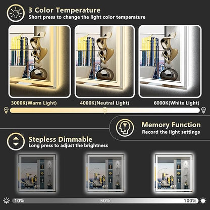 36x36 LED Bathroom Mirror with Lights, Backlit and Front Lit Anti-Fog Lighted Vanity Mirrors for Bathroom Wall, Dimmable, 3-Color Light, Memory, Shatter-Proof, HD Tempered Glass, CRI＞90