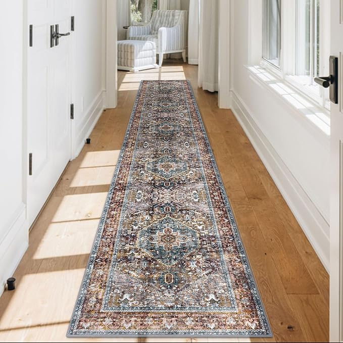KOZYFLY Runners for Hallways 2x12 Ft Washable Kitchen Runner Rug Boho Long Runner for Entryway Indoor Printed Faux Wool Carpet for Bedroom Kitchen Hall, Brick Red/Orange/Green