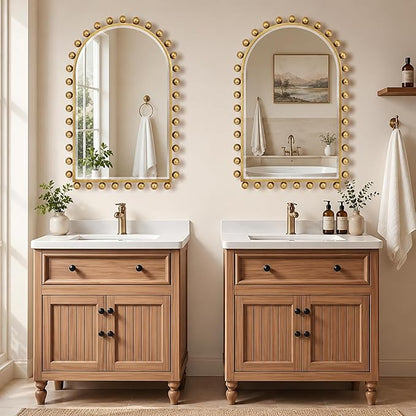 24x36 Inch Arched Wall Mirror with Antique Gold Ball Frame, Beveled Arched Decorative Wall Mirror, Vintage Gold Accent Mirror for Living Room, Entryway, Bedroom, Hallway & Over Console Decor