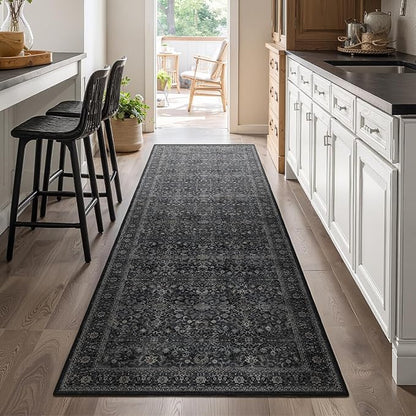 Dark 2'6''x8' Kitchen Runner Rug, Vintage Farmhouse Carpet Runners for Hallway 8ft Non Slip Washable, Low Pile Thin Entryway Runner Rug Indoor Foyer Mudroom Bathroom Bedroom, Midnight
