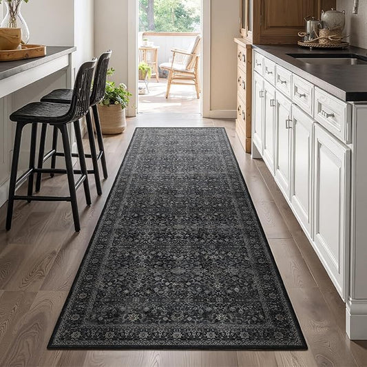 Dark 2'6''x8' Kitchen Runner Rug, Vintage Farmhouse Carpet Runners for Hallway 8ft Non Slip Washable, Low Pile Thin Entryway Runner Rug Indoor Foyer Mudroom Bathroom Bedroom, Midnight