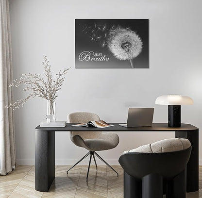 SKASNFAI Just Breathe Wall Art Zen Office Wall Decor Inspirational Yoga Quotes Positive Relax Artwork Picture Black and White Dandelion Posters Print for Meditation Room (24L x 36W)