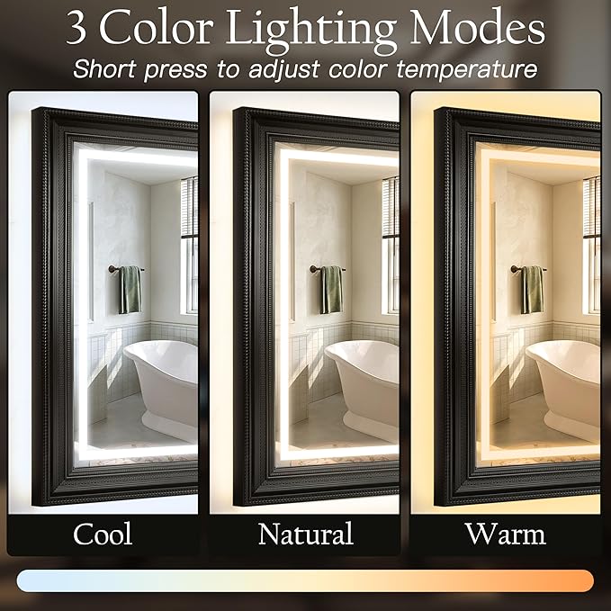 ROLOVE 24x35 Inch Antique Rectangle Wall Mirror with Lights, Ornate Waterproof Frame, Vintage Mirror for Over Sink with Anti-Fog, Plug-in/Hardwired, Shatterproof Glass, Baroque Mirror for Wall Decor